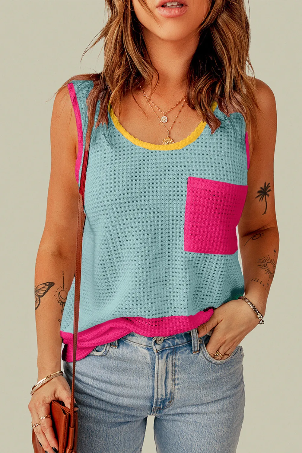 Colorblock Pocketed Knit Tank Top